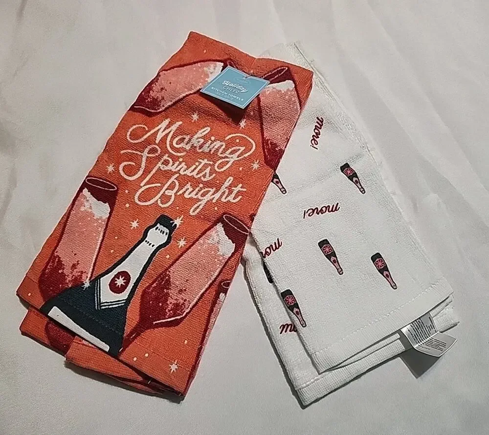 Holiday Cheer Kitchen Towels Making Spirits Bright Wine Bottles Set of 2